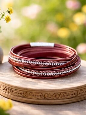 New Burgundy Cruelty Free Leather Crystal Wrap Bracelet with Magnetic Clasp